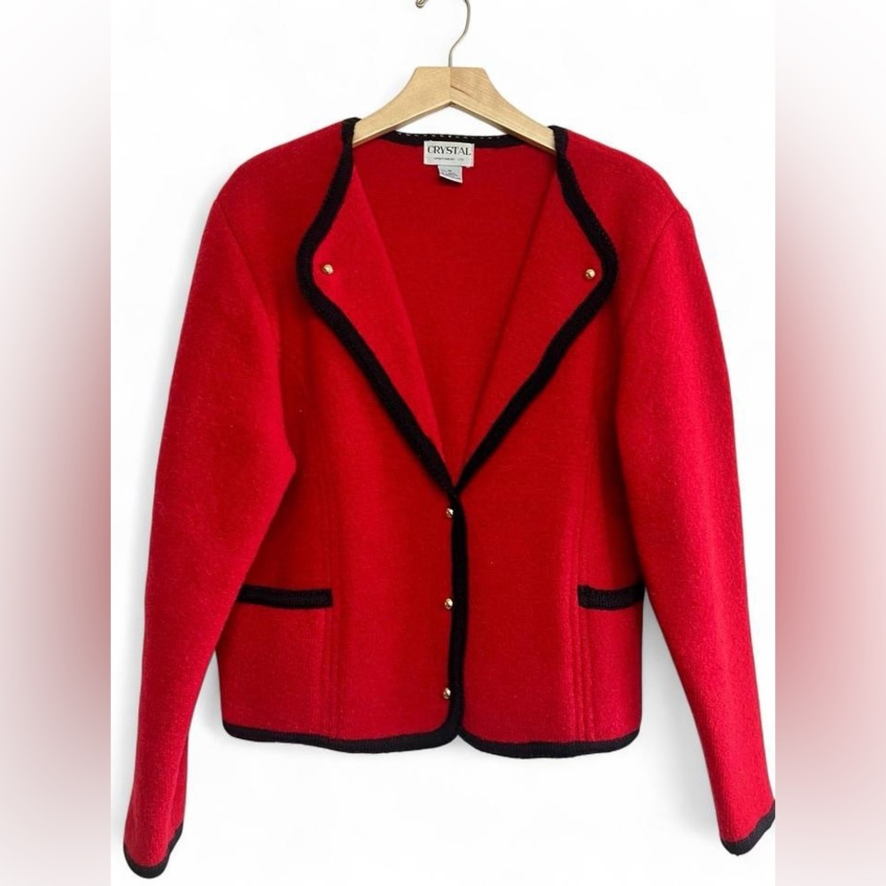 Vintage Crystal wool blazer with black trim and gold buttons